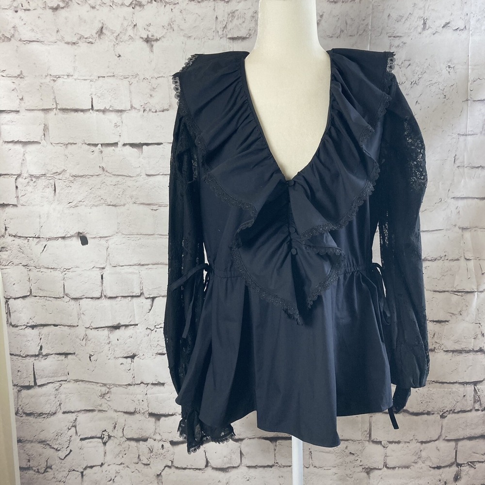 Self Portrait Black Ruffle Lace Blouse Womens 6 V Neck Romantic Side Tie